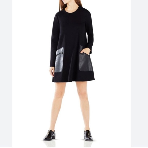 BCBGMaxAzria Long Sleeve Faux Leather Pocket Farah Shift Dress womens XS - Picture 1 of 9